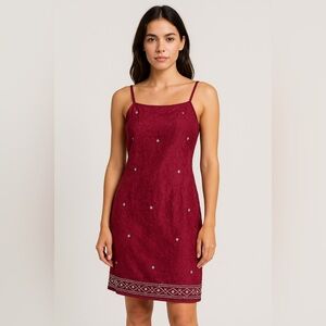 Vintage Passport Burgundy Embroidered Crinkle Slip 90s Boho Mini Dress Size S